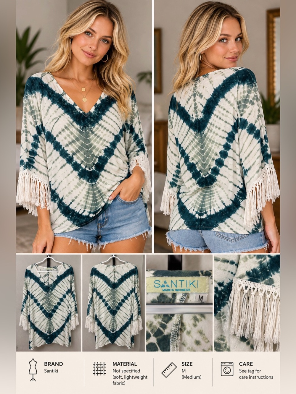 Santiki Womens Green Tie-Dye V-Neck Fringe Tunic Rayon pp22 L33